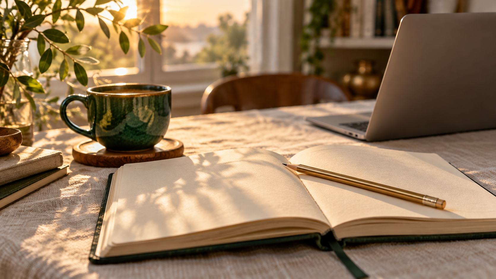 An open learning journal with a pencil, green mug and laptop in soft morning light.