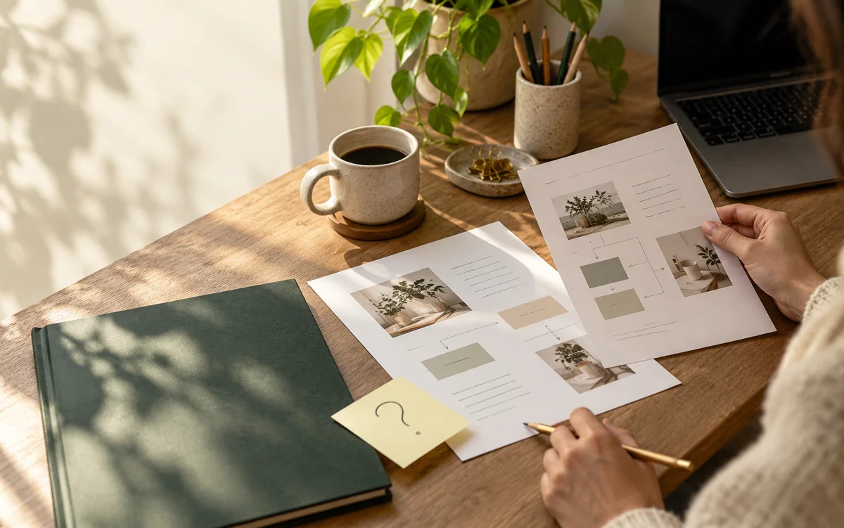 A person reviews two workflow drafts at a sunlit desk with a laptop and notebook.