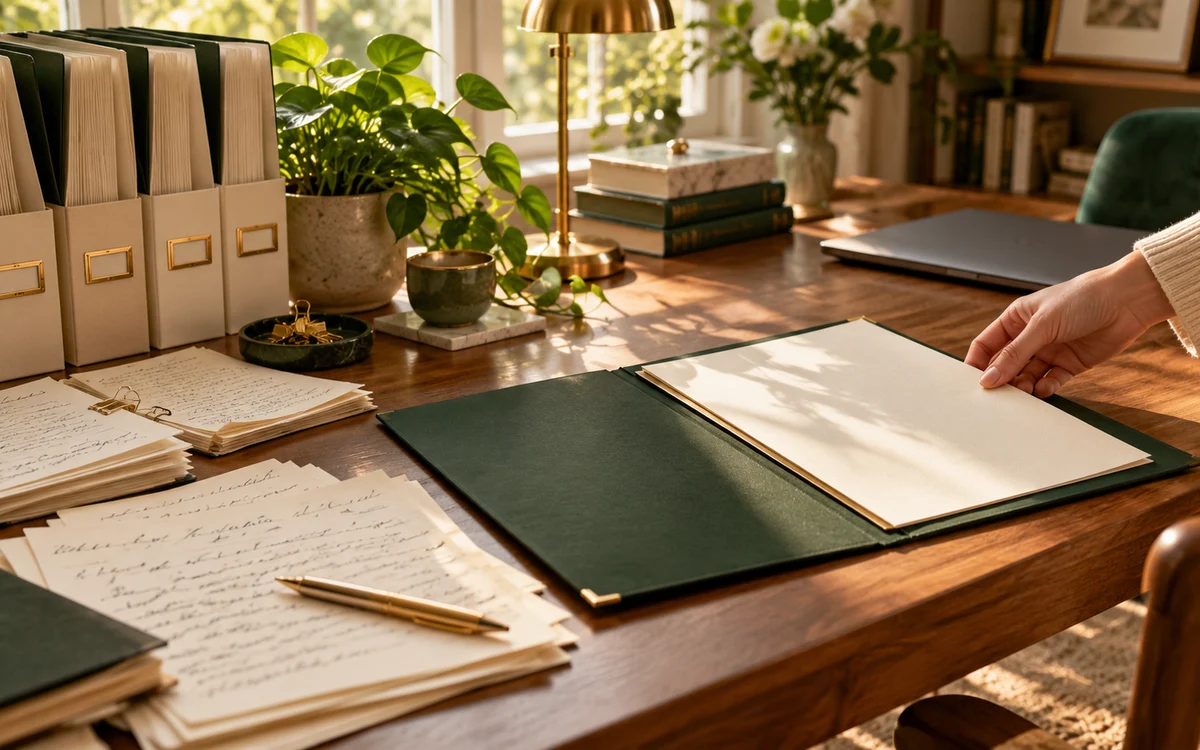 Project notes and reference folders arranged beside a finished proposal in a sunlit workspace.