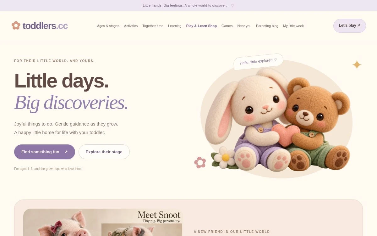 Toddlers.cc homepage with activity discovery and a bunny-and-bear illustration