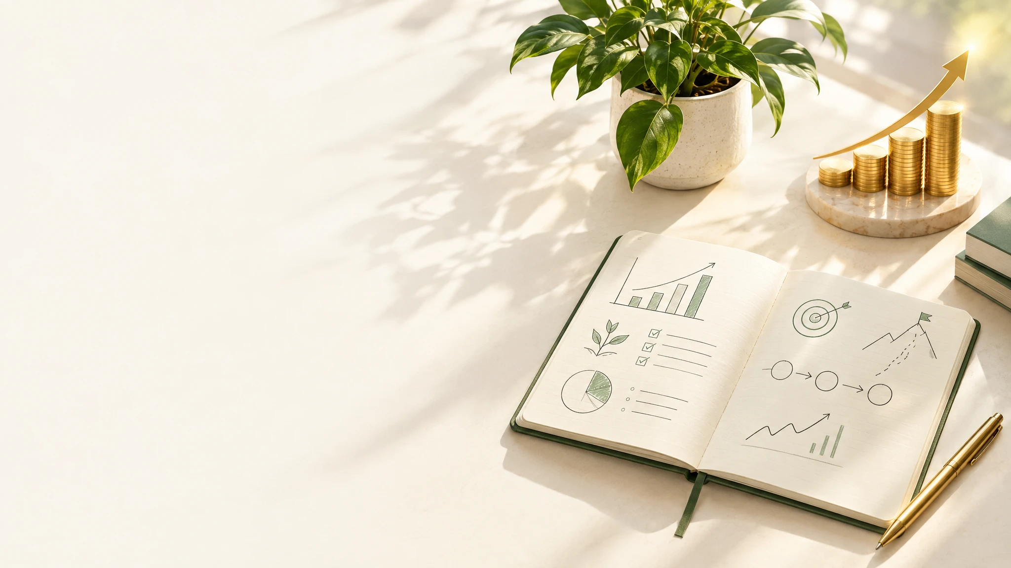 A sunlit notebook and green plant on an ivory desk