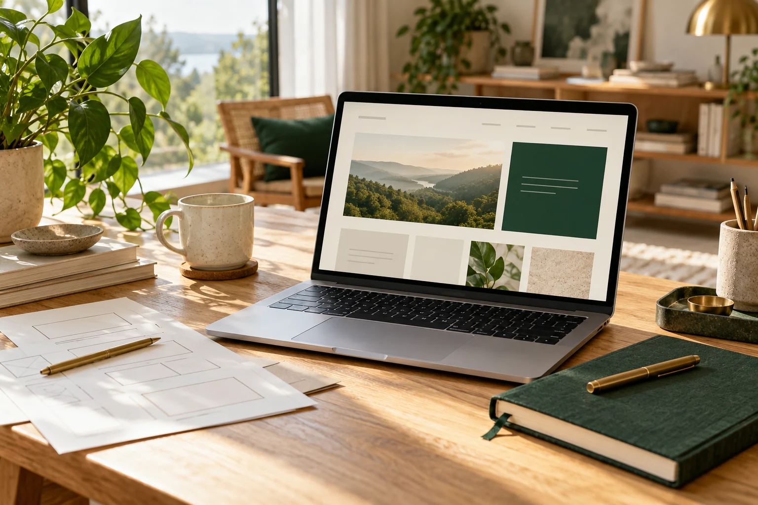 An open laptop with an illustrative website layout, paper wireframes, and a green notebook in a sunlit workspace.