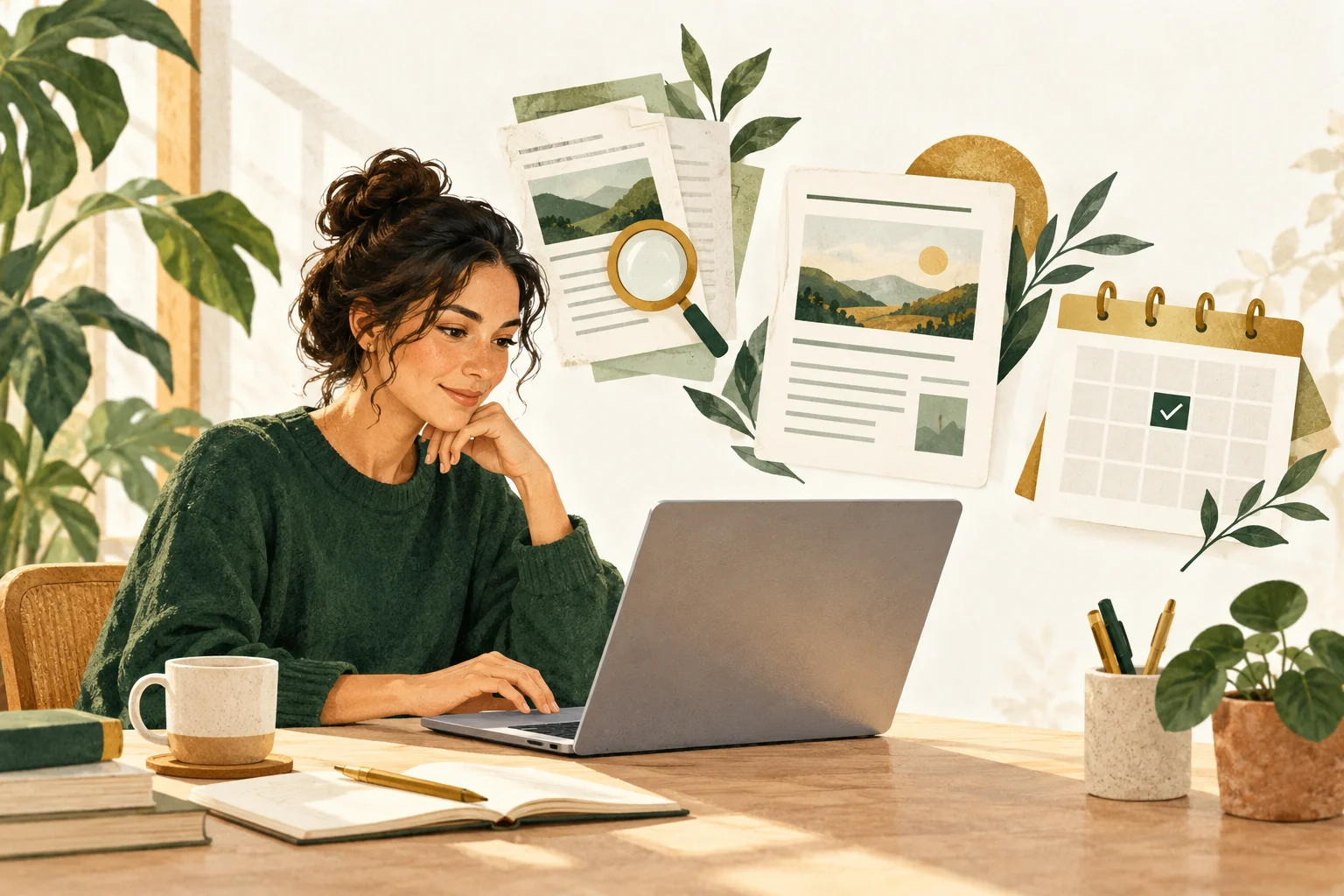 Illustration of a person reviewing agent-assisted work at a desk